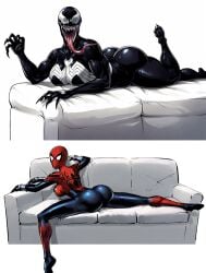 2_panel_comic ai_generated ass_focus hi_res lying_down lying_on_stomach marvel marvel_comics mayday_parker panels simple_background sofa spider-man tagme venom_(marvel)