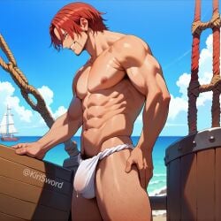 abs ai_generated bara biceps big_bulge bulge cum fundoshi japanese_clothing kirisword male male_nipples male_only manly muscular_male nipples one_piece pecs penis_under_clothes shanks