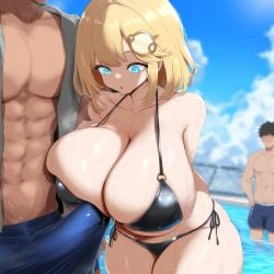 ai_generated ameanon big_breasts big_penis bikini black_bikini blonde_hair blue_eyes boner breasts breasts_bigger_than_head busty erection erection_under_clothes faceless_male hololive hololive_english hololive_myth huge_breasts in_water large_breasts mommy o-ring_bikini penis_awe pool poolside precum side-tie_bikini_bottom surprised surprised_expression swimming_trunks thick_thighs top_heavy virtual_youtuber vtuber watson_amelia