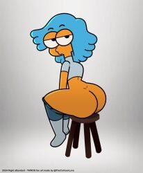 big_ass big_butt big_eyes blue_hair cartoon_network chair clothed flight_attendant flight_attendant_(the_amazing_world_of_gumball) kissing looking_at_viewer orange_body pants pants_down semi_nude simple_background sitting sitting_on_chair the_amazing_world_of_gumball the_cartoon_love