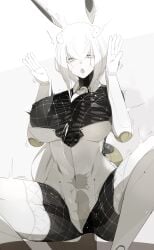 1boy 1girls breeding cum_in_pussy cum_inside ectobody eurika_(ub1mo) fishnets large_breasts original original_character rabbit_ears riding_penis robot robot_girl twitch_lines twitching ub1mo white_gloves white_hair white_thighhighs x-ray