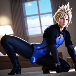 1boy 1femboy 3d ai_generated ass blonde_hair blue_bodysuit bodysuit cloud_strife cosplay femboy feminine feminine_male final_fantasy_vii_remake girly male_only sissy solo solo_male tagme trap