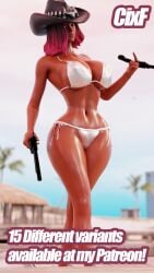 3d beach big_ass big_breasts big_butt bikini bikini_bottom bikini_top calamity_(fortnite) cixf clothing cowboy_hat cowgirl dark_skin female firearm fortnite gun handgun headwear holding_gun huge_breasts human looking_at_viewer revolver shiny_skin standing swimwear thick_thighs thighs weapon