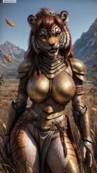 ai_generated animal_ears anthro armor artist_name breastplate breasts brown_hair female female_anthro furry furry_female green_eyes hi_res high_resolution highres large_breasts leaf long_hair looking_at_viewer outdoors pelvic_curtain photorealistic realistic shoulder_armor solo stable_diffusion tiger tiger_ears twitter twitter_username watermark weapon yiffyjiffy2 yiffyjiffy69