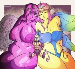 1boy 2023 2girls armor belly big_breasts chubby chubby_female closed_eyes clothing crown empress_of_light fairy huge_breasts larger_female naked nipples nude partially_clothed pink_body pink_hair queen_slime slime slime_girl smaller_male terraria thick thick_thighs thighs wings yellow_body yellow_skin znixye