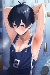 1boy ai_generated armpits arms_up blue_eyes blue_lock blush dark_blue_hair isagi_yoichi male male_only no_visible_genitalia pink_armpit skinny steam sweat young