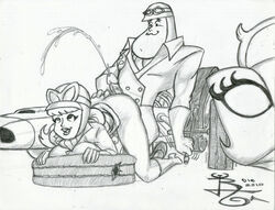 2010 futanari hanna-barbera intersex male_on_futa monochrome penelope_pitstop penis peter_perfect rlg wacky_races