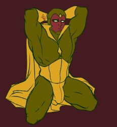 1boy abs biceps big_chest big_pecs bulge costume dilf glowing_eyes male male_only male_robot marvel marvel_comics muscular muscular_male pecs red_skin red_skinned smooth_chest smooth_skin solo solo_male synthezoid thick_thighs thong underwear vision