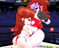 2girls 3d arena big_breasts bikini black_boxing_gloves black_gloves boxing boxing_gloves boxing_ring breasts brown_hair demon demon_girl demon_horns duo duo_female duo_focus female female_only fight fighting_ring friday_night_funkin girlfriend_(friday_night_funkin) gloves hug hugging josugomezofficialnew kabalmystic long_hair long_hair_female mmd mommy_mearest mother_and_daughter purple_skin red_boxing_gloves red_gloves tagme