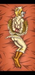 anthro arms_tied ass avian avian_feet avian_legs beak bed bird body_pillow bondage bound chest_tuft complex_body_markings complex_markings dakimakura dakimakura_design dakimakura_pillow dakimakura_pose dakimakura_style feathered_tail feathered_wings feathers feet fluffy fluffy_chest furniture genitals hair hair_over_eye hands_behind_back hi_res looking_back lying male male_only markings on_front orange_feet owl penis pillow pistacho red_background red_rope restraints rope rope_bondage rope_harness rye_owl_(character) simple_background solo spots spotted_markings tail talons tapering_penis thick_thighs toes tuft wings