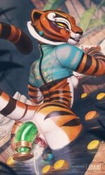 anthro anus ass bottomless bottomless_female clothing dreamworks ear_piercing eyebrow_piercing female fruit fur furry furry_only hi_res kung_fu_panda labia_piercing looking_at_viewer looking_back master_tigress nipple nose_piercing orange_(fruit) partially_submerged pixelsketcher presenting_hindquarters pussy red_eyes shirt_up smiling solo tail tiger water