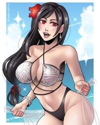 1girls beach bikini black_hair breasts dangerousbride final_fantasy final_fantasy_vii final_fantasy_vii_remake hair_flower large_breasts red_eyes swimsuit tagme tifa_lockhart