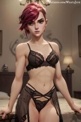 abs ai_generated arcane arcane_vi black_lingerie black_panties cute in_bedroom league_of_legends patreon patreon_username piercing red_hair riot_games short_hair vi whatajinx