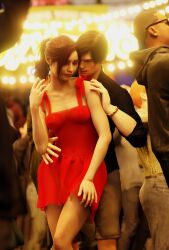 1girls 3d claire_redfield claire_redfield_(jordan_mcewen) leon_scott_kennedy male prederty red_dress resident_evil resident_evil_2 resident_evil_2_remake safe_for_work sfw