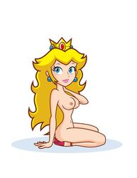 azumfreddie breasts color crown ear_piercing female female_only hair human long_hair looking_at_viewer looking_right mario_(series) nintendo nipples official_style piercing princess_peach sftoon side_view sitting solo super_princess_peach tagme white_background yellow_hair