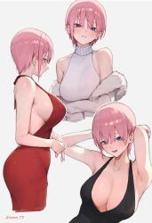 armpits arms_up ass_visible_through_thighs backless_dress backless_outfit bare_arms bare_shoulders big_breasts black_dress blue_eyes blush breasts cleavage coat dress earrings evening_gown fur_trim go-toubun_no_hanayome halterneck jacket_off_shoulders lipstick looking looking_at_viewer nakano_ichika open_mouth parted_lips pink_hair red_dress short_hair sideboob sleeveless_sweater smile sooon thighs underboob