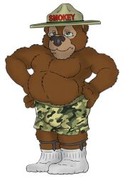 anthro anthro_only bear black_boxers black_clothing black_nose black_underwear blue_sclera boxers_(clothing) brown_eyes brucebadger bulge camo_boxers clothed clothing detailed_bulge footwear garter_belt garter_straps genital_outline green_boxers green_clothing green_underwear grumpy hand_on_side hat headgear headwear hi_res male male_only mammal musclegut muscular muscular_male overweight overweight_male pantsless pantsless_anthro pantsless_male penis_outline red_text simple_background smokey_bear socks solo text topless topless_male underwear united_states_forest_service white_background white_clothing white_footwear white_socks