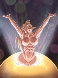 1girls abs arii_(r62) armpits arms_up looking_at_viewer muscular muscular_female obliques one_eye_closed original pussy r62