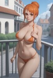 ai_generated breasts brown_eyes earrings female female_only hair midriff nami nami_(one_piece) navel one_piece orange_eyes orange_hair robinlover smile solo solo_female tagme