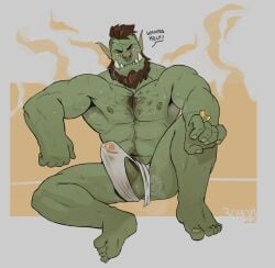 balls bara beard boner erection erection_under_clothes facial_hair male male_only muscles muscular musk orc penis rneves_069 sitting solo solo_male sweat sweating tuskyrayan world_of_warcraft