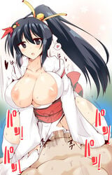 1boy areolae black_eyes black_hair breasts censored cowgirl_position female hair_ornament heart highres huge_breasts japanese_clothes long_hair long_ponytail nipple_slip nipples no_underwear original penetration penis ponytail puffy_nipples pussy sex skirt_aside sweat thighhighs tied_hair vaginal_penetration wedge white_thighhighs yukata