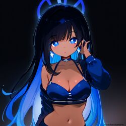 blue_eyes crop_top female glowing_eyes glowing_hair hand_in_hair long_hair minokai multicolored_hair original_character pointy_chin short_shorts