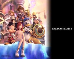 blue_eyes crossover disney donald_duck female footwear goofy human kairi kingdom_hearts mickey_mouse neckwear nipples pale_skin red_hair roxas sora