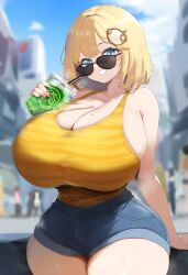 ai_generated ameanon big_breasts blonde_hair blue_eyes breasts breasts_bigger_than_head cleavage denim_shorts hololive hololive_english hololive_myth huge_breasts large_breasts looking_over_eyewear looking_over_sunglasses mommy short_shorts shorts sideboob striped_shirt sunglasses sweat tank_top thick_thighs tinted_eyewear virtual_youtuber vtuber watson_amelia