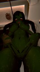 big_breasts big_breasts black_hair breasts goblin goblin_female green_skin looking_at_viewer peace_sign pussy queenstarvr shower showering tongue_out viewed_from_below vrchat vrchat_avatar wet_body yellow_eyes