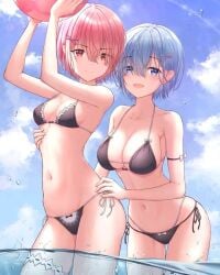 blue_eyes blue_hair pink_eyes pink_hair ram_(re:zero) re:zero_kara_hajimeru_isekai_seikatsu rem_(re:zero) swimming