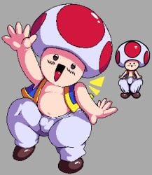 blush bulge chubby fat fat_ass looking_at_viewer mario_(series) mob_face mushroom_boy mushroom_humanoid nintendo pixel_art reference_image shortstack smiling sweatpants thick_ass thick_thighs toad_(mario) vest waving waving_at_viewer