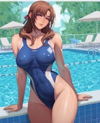 4narch157 abs ai_generated covered_navel covered_nipples curvy do_you_love_your_mom_and_her_two-hit_multi-target_attacks? female_only mamako_oosuki milf one-piece_swimsuit oosuki_mamako pool poolside solo sweat sweatdrop swimsuit tight_swimsuit tsuujou_kougeki_ga_zentai_kougeki_de_ni-kai_kougeki_no_okaasan_wa_suki_desu_ka? wet