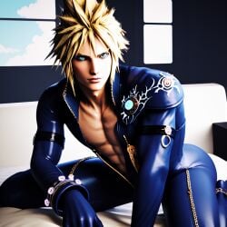 1boy 1femboy 3d ai_generated ass blonde_hair blue_bodysuit bodysuit cloud_strife cosplay femboy feminine feminine_male final_fantasy_vii_remake girly male_only sissy solo solo_male tagme trap