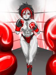 1girls abs arena argent_(dc) black_and_red black_hair boxing boxing_gloves boxing_ring boxing_stance breasts choker collar dc dcau excessive_sweat eye_contact female female_only footwear gloves goth grey_skin lips lipstick looking_at_viewer mostly_nude nipples panties pov pov_eye_contact pugilismx red_eyes red_hair shiny_skin shoes short_hair sweat teen_titans thick thick_thighs thighs topless topless_boxing two-tone_boxing_gloves two-tone_gloves wide_hips