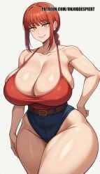 ai_generated alternate_breast_size bangs bare_shoulders belt braid braided_ponytail breasts brown_belt cleavage collarbone curvy denim denim_shorts female hand_on_hip huge_breasts long_hair looking_at_viewer red_hair ringed_eyes short_shorts shorts sidelocks simple_background smile solo tank_top thick_thighs thighs uniobdespiert white_background wide_hips yellow_eyes