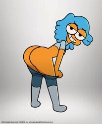 big_ass big_eyes blue_hair clothed flight_attendant flight_attendant_(the_amazing_world_of_gumball) looking_at_viewer orange_body pants pants_down semi_nude simple_background smile the_amazing_world_of_gumball the_cartoon_love thick_ass