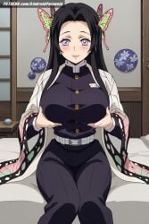 ai_generated aindroidparanoid ass big_breasts black_hair breasts busty butterfly_hair_ornament demon_slayer female female_only grabbing_own_breast hips huge_breasts indoors kimetsu_no_yaiba kochou_kanae long_hair narrow_waist pink_eyes sister slim_waist squeezing_breast stable_diffusion straight_hair taller_girl uniform wide_hips