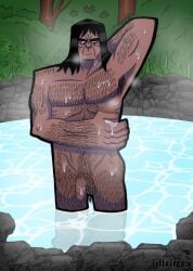 1boy balls body_hair caveman fellofreak flaccid long_hair male male_only neanderthal nude partially_submerged penis primal_(series) solo solo_male spear_(primal) washing water