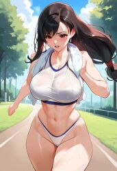 2d ai_generated big_breasts black_hair female_focus female_only final_fantasy final_fantasy_vii gym_uniform jogging long_hair outdoors park solo solo_female solo_focus sports_bra sportswear square_enix sweat sweating tagme tifa_lockhart towel