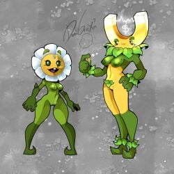 2girls anthro anthrofied buckteeth coin cute danigrex2n female flora_fauna flower flower_girl freckles freckles_on_face gold_magnet_(pvz) green_skin grex2n magnet marigold_(pvz) plant plant_girl plant_humanoid plants_vs_zombies pussy smiling vagina wholesome