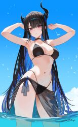 1girls asymmetrical_horns bikini black_bikini black_hair blue_hair blush breasts cleavage colored_inner_hair highleg highleg_bikini hololive hololive_english hololive_english_-advent- long_hair medium_breasts multicolored_hair navel nerissa_ravencroft red_eyes solo swimsuit virtual_youtuber zakimpo