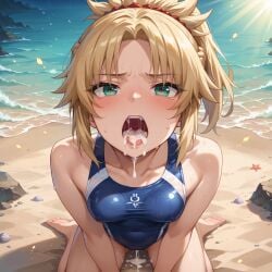 1girls 2024 after_oral ai_generated beach blonde_hair blue_swimsuit blush cum cum_dripping_out_of_pussy cum_in_mouth fate/apocrypha fate/grand_order fate_(series) female female_focus female_only green_eyes kneeling kxy looking_at_viewer mordred_(fate) open_mouth ponytail pov red_ribbon sdxl sunny swimsuit upscaled