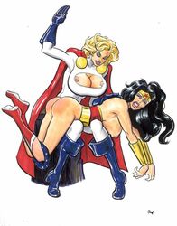 2girls ass blonde_hair bw dat_ass dc_comics female justice_league multiple_girls power_girl spanking superman_(series) wonder_woman wonder_woman_(series) yuri