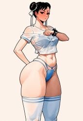 action_pose ai_generated alternate_costume chun-li female_only see-through_clothing stockings street_fighter t-shirt thighhighs