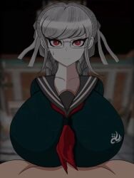 1boy 1girls 2d animated animated_gif beat_banger big_breasts clothed clothed_paizuri danganronpa danganronpa_2:_goodbye_despair gif huge_breasts kosman paizuri paizuri_under_clothes pekoyama_peko penis penis_between_breasts red_eyes ribbon silver_hair solo solo_female