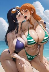 2girls ai_generated big_ass big_breasts big_butt blush blushing_female blushing_profusely breasts_touching breath bubble_butt cleavage deep_cleavage dripping female female_only hand_between_legs hand_on_another's_ass hand_on_thigh huge_ass huge_breasts kissing large_breasts licking licking_cheek licking_face massive_breasts nami nami_(one_piece) narrow_waist nico_robin one_piece open_mouth posing posing_for_the_viewer saliva saliva_drip saliva_trail self_upload sweatdrop sweating sweaty sweaty_body sweaty_breasts sweaty_butt thick_thighs tongue tongue_kiss wide_hips yeetyboi5000 yuri