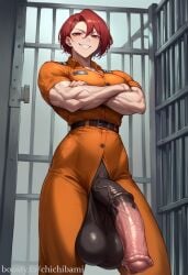 ai_generated chichibami futanari grin horsecock horsecock_futanari huge_balls huge_cock looking_at_viewer muscular_futanari prison prison_cell prison_uniform prisoner red_eyes red_hair self_upload short_hair smug teeth veiny_muscles veiny_penis viewed_from_below