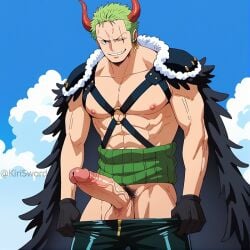 abs ai_generated balls bara biceps big_balls big_penis clothing erection green_hair kirisword male male_nipples male_only manly muscular_male nipples one_piece pecs penis roronoa_zoro scar