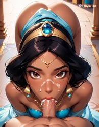 ai_generated aladdin all_fours arabian arabian_clothes arabian_female black_hair blowjob brown_eyes brown_skin cum_in_mouth cum_on_face pov pov_eye_contact pov_male princess princess_jasmine tanyia_inc