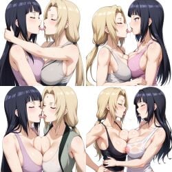 2girls ai_generated big_breasts black_hair blonde_hair brown_eyes civitai collage french_kiss hyuuga_hinata jeans kissing large_breasts long_hair multiple_views naruto naruto_(series) naruto_shippuden nipple_slip nipples no_pupils ponytail purple_eyes tank_top tanktop tongue_kiss tsunade wet_kiss